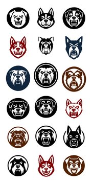 Big set of aggressive dog logos. Vector icons of angry bulldog, pit bull and shepherd faces in sports mascot style