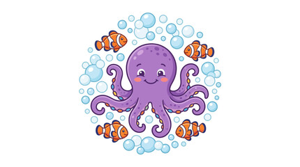 Cute purple octopus with clownfish and bubbles © Sedap