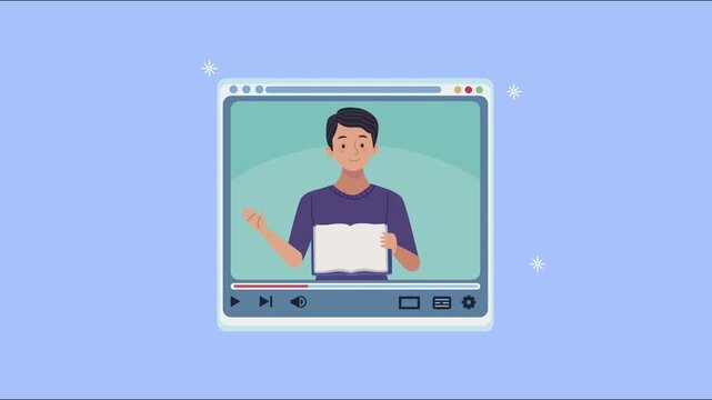 Young man presenting educational content in digital video player interface for online learning platform.