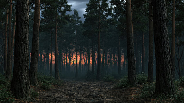 Dark forest path misty pine forest twilight sky ominous landscape dense tree moody light wild nature shadowy woods orange horizon tall trunk