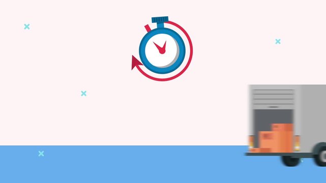 Animated delivery truck loaded with boxes moves fast with timer graphic symbolizing express shipping service.