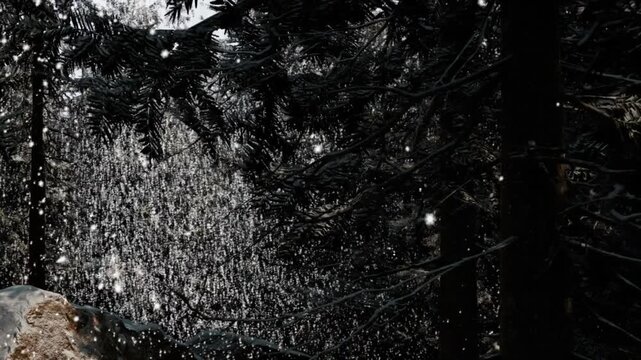 Rainwater falls from the leaves of tall trees in a dense forest. The ground is wet and the atmosphere feels fresh during a quiet moment in nature.