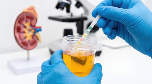 Medical technician performing urine dipstick analysis in laboratory with kidney model and microscope blurred background.