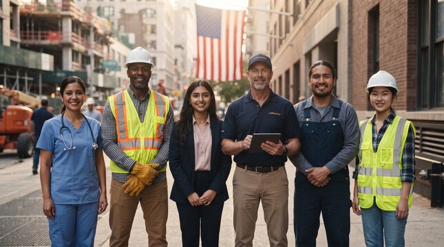 Diverse group of American workers stand together in front of an urban building with an American flag.