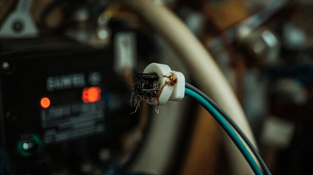 Burnt electrical plug and damaged power cord showing signs of overheating and short circuit, highlighting electrical safety hazards, fire risk, faulty wiring, and repair needs.