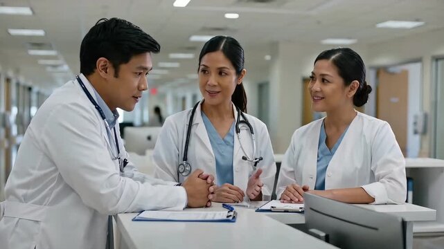 Diverse group of Asian medical doctors in white coats discussing patient care at a hospital reception desk