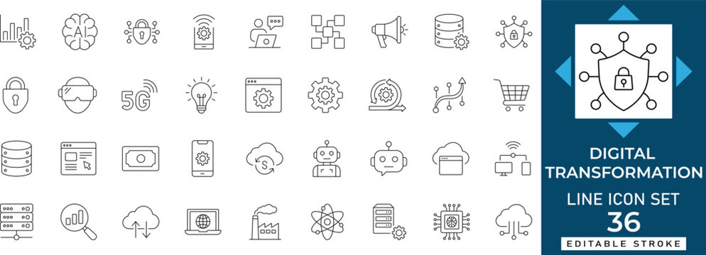 Digital transformation and firewall technology line icon set featuring shield, privacy, and database. Editable vector illustration for modern UI UX design projects