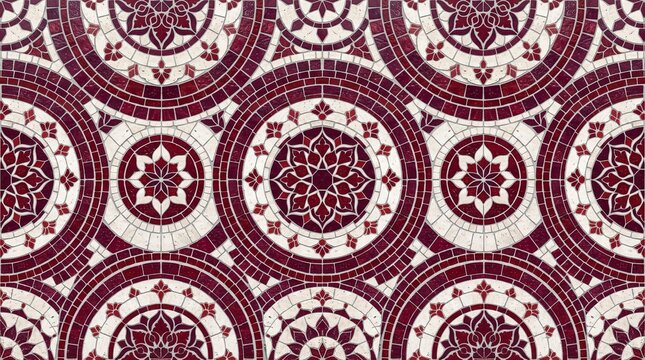 Vintage mosaic tile pattern with burgundy floral mandalas, ornate ceramic floor texture, traditional mediterranean geometric design isolated PNG with Transparent Background