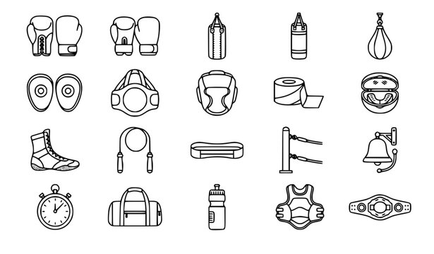 Minimal boxing and combat sports equipment line icon set with gloves bags protection training accessories and gym symbols
