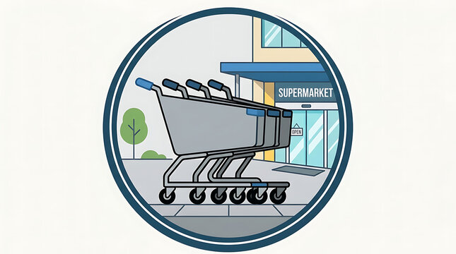 Several gray shopping carts lined up outside a modern supermarket entrance on a paved sidewalk.