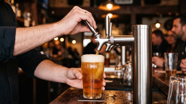 Bartender pouring fresh golden craft beer from tap into a glass at a rustic pub depicting authentic draft beer culture and craft brewery service.