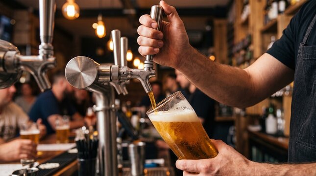 Close-up of bartender filling a tilted glass with golden draft beer from a stainless tap symbolizing premium craft brewery draft service and hospitality.