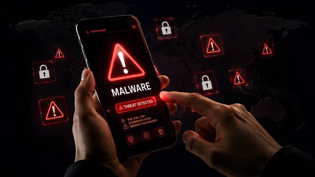 Mobile malware threat detection cybersecurity alert on smartphone screen with glowing red warning signs representing data breach and cyber attack