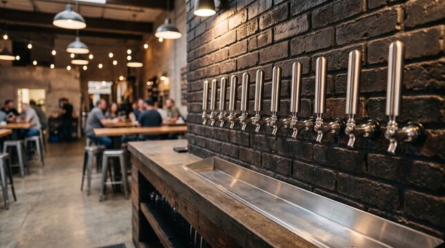 Row of sleek stainless steel beer tap handles on a black brick wall symbolizing a modern craft brewery taproom and pub interior design.