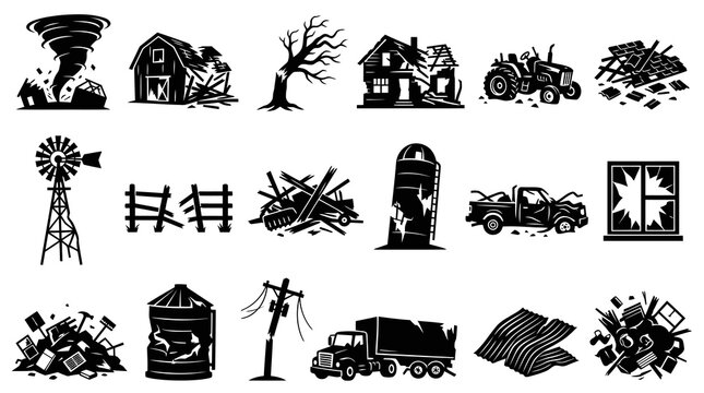 Natural Disaster Destruction Icons: Black and White Silhouette Glyphs of Farm and Rural Damage