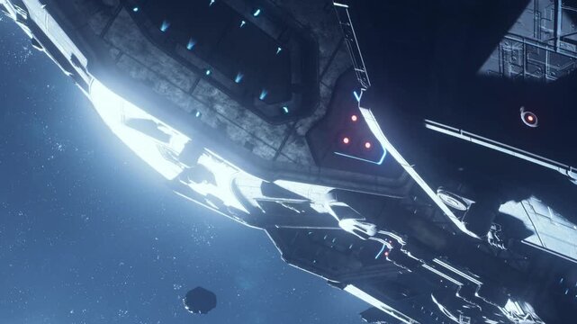 A large spaceship hovers in outer space. Bright lights shine on the surface as nearby stars twinkle. The setting appears to be during a cosmic event with deep space in the background.