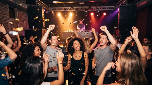 Energetic group of young people dancing under falling golden confetti in a nightclub depicting vibrant nightlife, music festival joy, and party celebration.