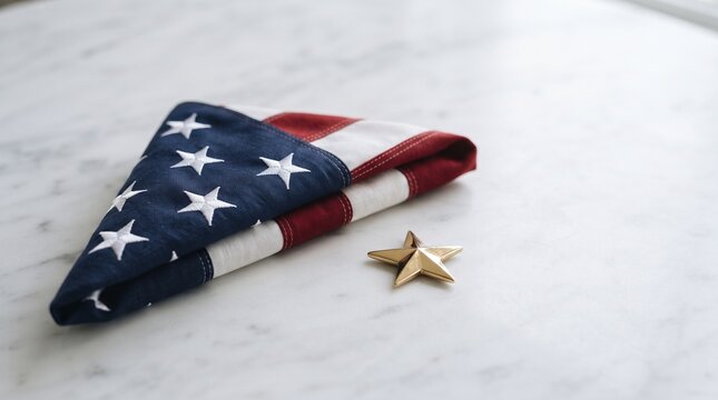 Folded American flag rests gracefully alongside a single bronze service star on a polished marble surface.