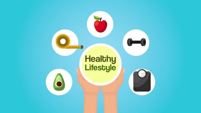 Healthy lifestyle video with hands holding text, surrounded by diet and exercise icons in a dynamic motion graphic.