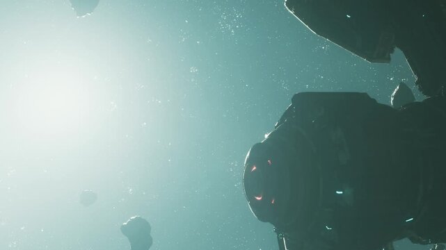A spaceship navigates through an asteroid field in deep space. Bright light shines from a distant star while rocky asteroids float nearby. The setting shows a vast and dark expanse.