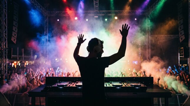 Silhouette of DJ raising hands above the stage console facing a cheering crowd under festival lights symbolizing EDM concert energy and live music hype.