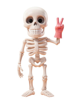 Cheerful cartoon skeleton character showing a positive peace sign with a pink glove on a clean white background, a playful and humorous figure