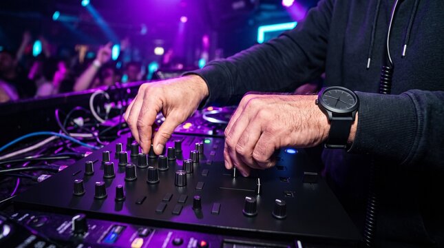 Close-up of DJ hands tweaking knobs and faders on a professional sound mixer console conveying electronic music production and dynamic club performance.