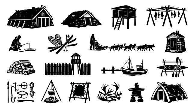 Black and White Line Art Icons of Arctic Life and Survival