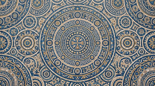 Vintage Greek mosaic pattern, blue and gold circular mandala ornament, antique Mediterranean tile design with meander borders isolated PNG with Transparent Background