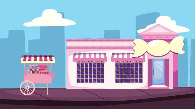 Animated candy shop and sweets cart on city street background with motion graphics elements.