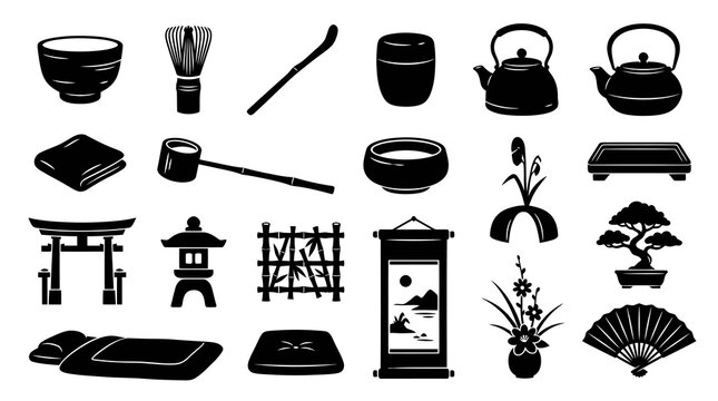 Black and White Japanese Tea Ceremony Icons - Glyph Style