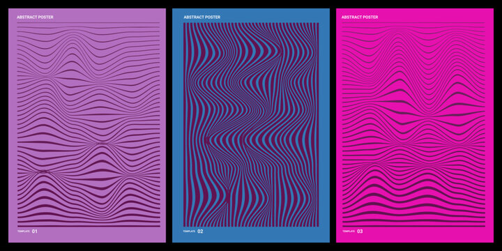 Abstract triptych set featuring vibrant neon colored backgrounds with intricate wavy line patterns and modern graphic design elements