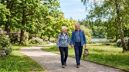 Fototapeta premium Senior Couple's Stroll: An elderly couple walks hand-in-hand on a sun-dappled park path, surrounded by lush greenery and a tranquil lake, embodying companionship and a leisurely lifestyle.