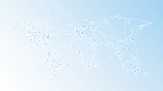 Abstract stylized world map featuring interconnected glowing nodes and lines representing global communication network, international data transfer connections and digital