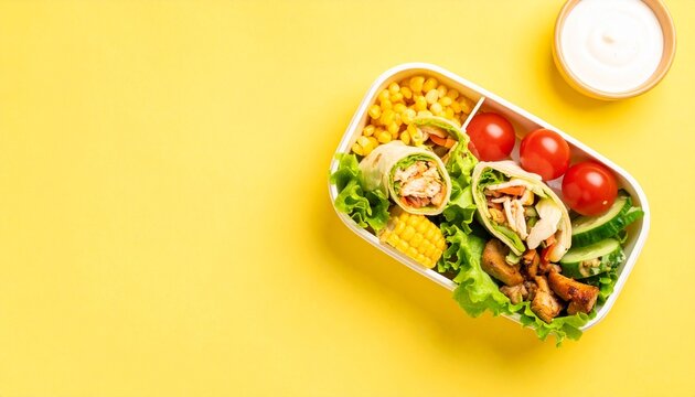 Balanced nutritious lunch box with chicken wraps and fresh salad