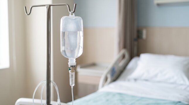 Transparent IV drip bag suspended on a stainless steel stand beside an empty hospital bed conveying hospital environment, medical hydration, and clinical readiness.