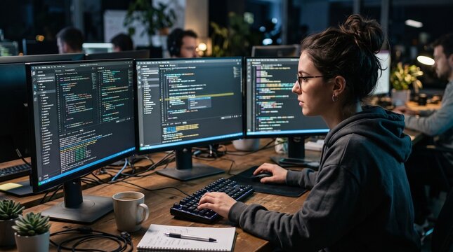 Software Developer at Work: A woman intently focused on her computer screen, surrounded by multiple monitors displaying lines of code, working in a modern office environment.