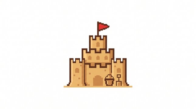 8-bit pixel art of a cute beach sandcastle with a red flag summer game asset isolated on white.