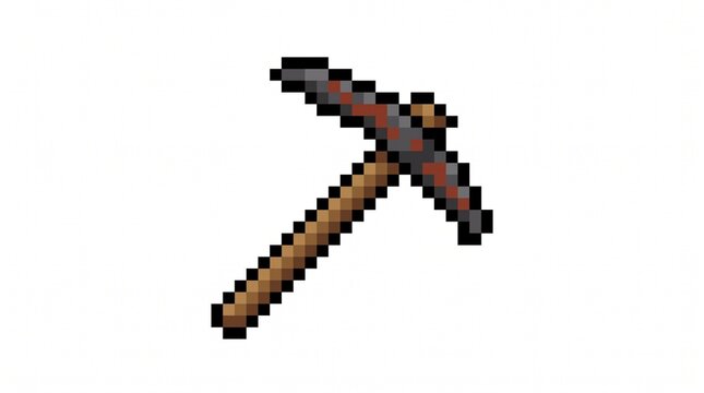 8-bit pixel art of an iron mining pickaxe crafting game asset isolated on white.