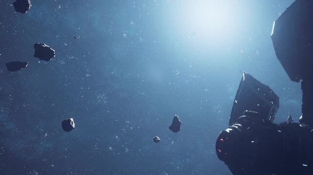 An astronaut floats in deep space surrounded by asteroids. Light beams shine from a distant star. Space is dark with scattered rocks and cosmic elements.