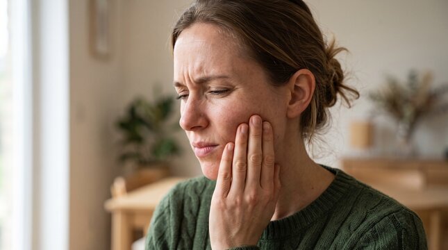 Woman touching her cheek in discomfort while suffering from severe toothache pain conveying dental problems, tooth sensitivity, and medical distress.