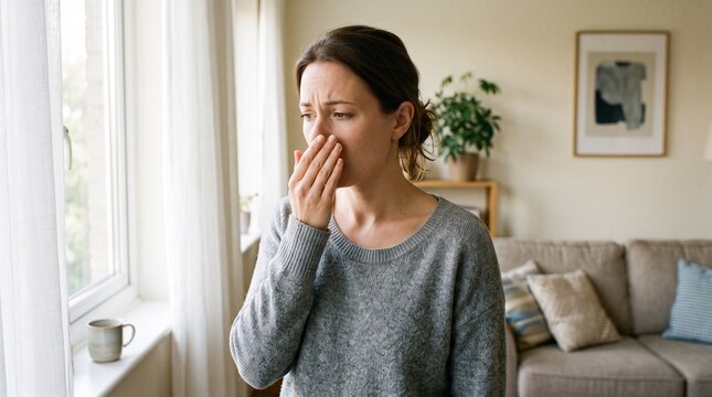 Worried woman covering her mouth with hand to check breath freshness indoors symbolizing halitosis concerns, oral health awareness, and self-consciousness.