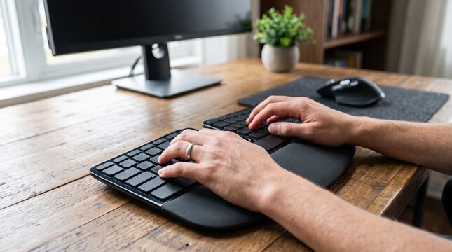 Typing on an Ergonomic Keyboard: A close-up view of hands typing on a split ergonomic keyboard, placed on a wooden desk next to a computer monitor and a small potted plant.