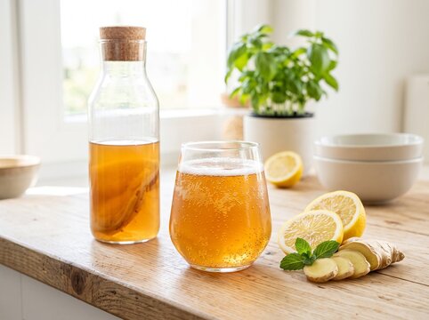 Glass of sparkling kombucha beside a cork-topped bottle, fresh lemon, and sliced ginger depicting natural fermented probiotics and healthy beverages.