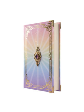 Magical fantasy spell book with purple cover and gold ornaments isolated on white