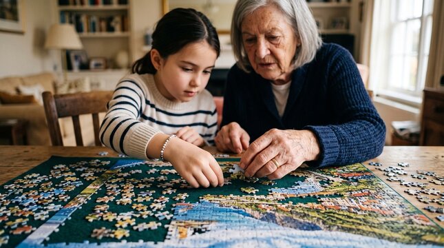 Generational Connection: A young girl and her grandmother work together on a jigsaw puzzle, fostering a bond through shared activity and quiet concentration.