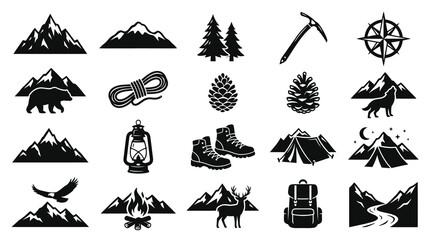 Fototapeta premium Outdoor Adventure Nature Camping Hiking Vector Icons Set Black and White Glyph Silhouettes