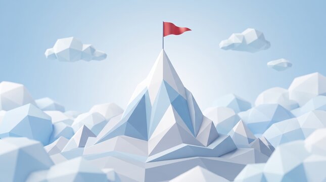 Success illustration featuring red flag on mountain peak, low poly 3D art style representing achievement and goal reaching, business leadership metaphor for overcoming challenges