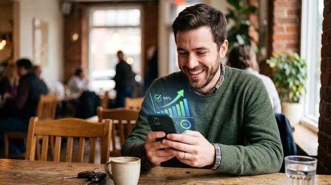 Man checking stock market on phone in cafe
