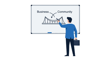 Obraz premium Businessman Drawing Bridge Connecting Business and Community on Whiteboard - Corporate Social Responsibility Concept Illustration